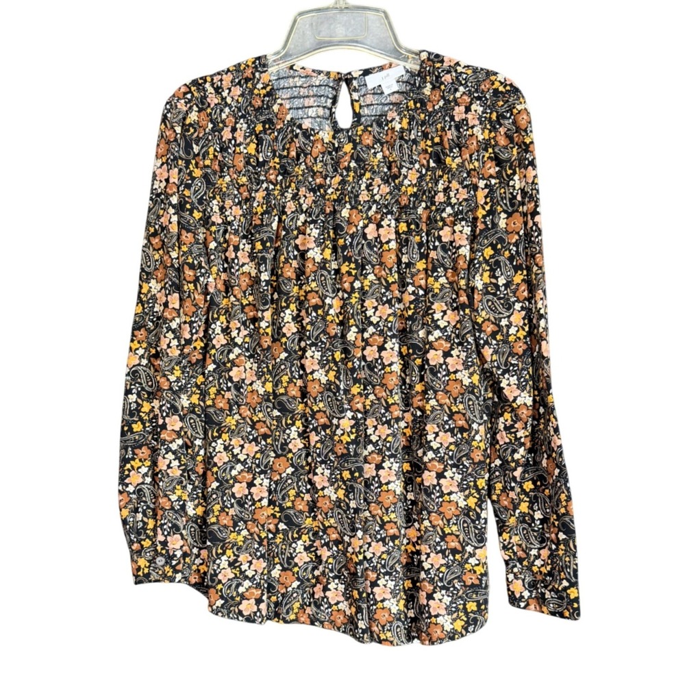 J Jill Womens Size Small Blouse Floral Paisley Smocked Viscose Rayon Boho Earthy - Picture 2 of 12